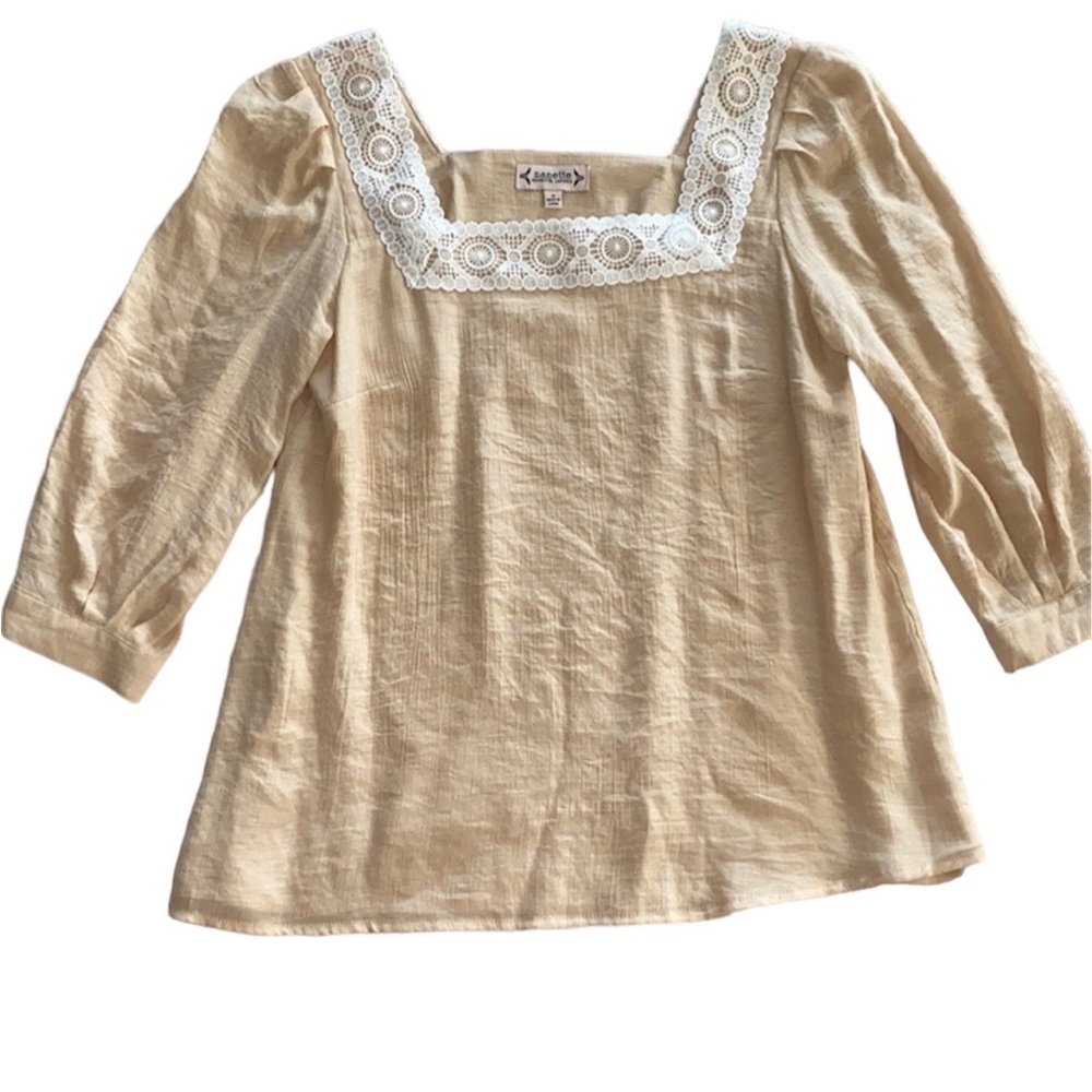 Nanette Lepore Size S Beige Square Neck 3/4 Sleeve Crochet Lace Trim Blouse